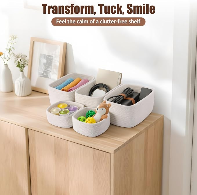 5-Pack Small Woven Rope Storage Baskets – 2 Sizes Organizer Bins - Image 6