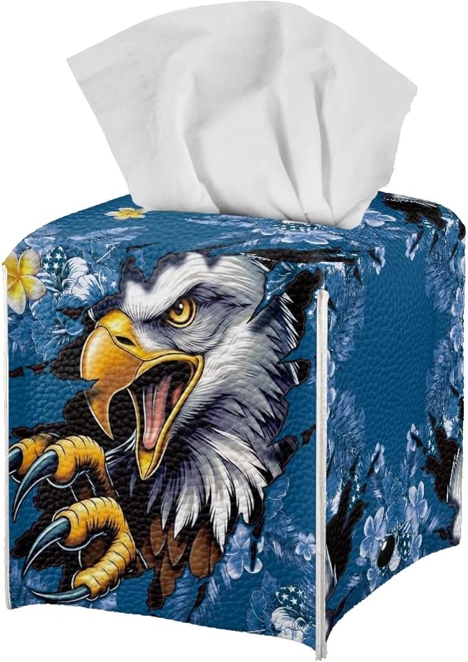 Eagle Blue Flowers Tissue Box Holder, PU Leather Square Napkin Cover - Image 2