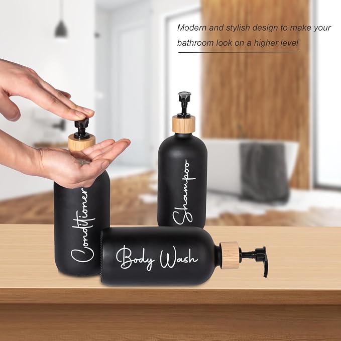 Glass Shampoo and Conditioner Pump Bottles Soap Dispenser Bamboo Pump Head - Image 3