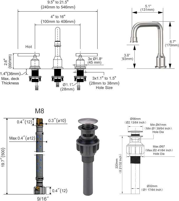 WOWOW Brushed Nickel Bathroom Faucet: Widespread Bathroom Sink Faucet Set 3 Hole - Image 4