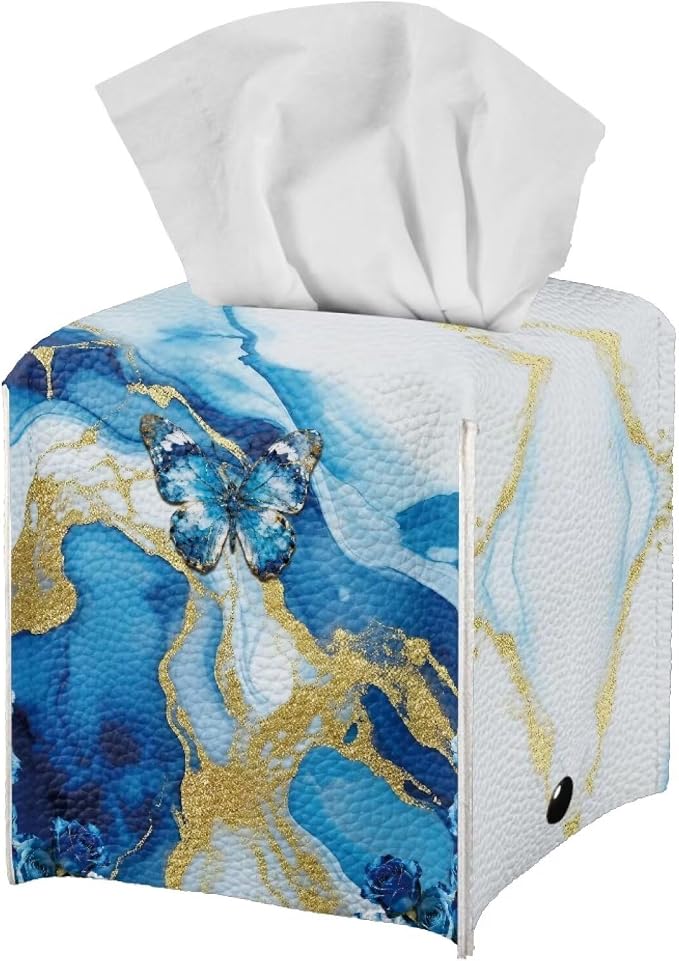 Blue Marble Butterfly Modern Tissue Box Holder, Waterproof Square PU Leather - Image 2