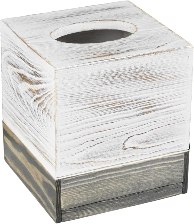MyGift Coastal Chic Square Tissue Box Cover, Two-Tone Whitewashed Solid Wood - Image 6