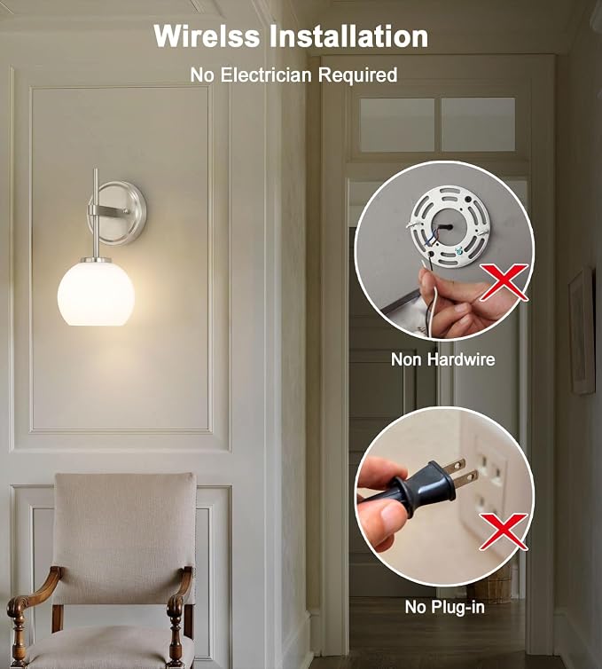 Brushed Nickel Battery Operated Wall Sconce Set of 2, Wireless Rechargeable - Image 3