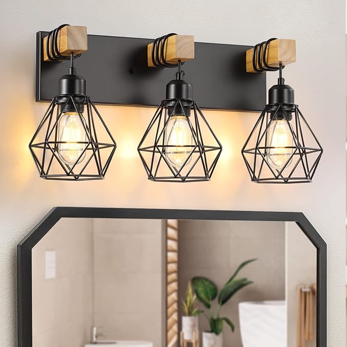 3-Light Farmhouse Bathroom Vanity Light Fixtures, Wood Bathroom Light Fixtures by MAESTA