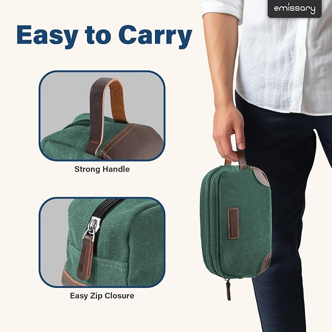 emissary Men's Toiletry Bag, Leather and Canvas Travel Toiletry Bag, Dopp Kit - Image 3