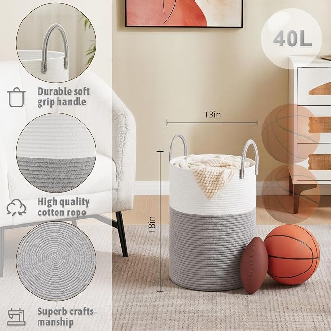 Laundry Basket, Woven Cotton Rope Laundry Hamper, 40L - Image 6