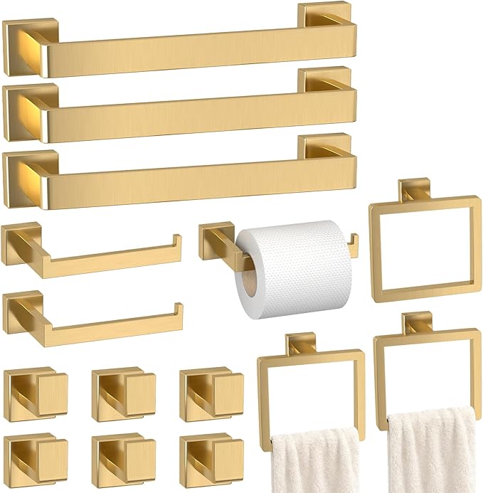 Bathroom Accessory Towel Bar Set: 15 Pieces Gold Bathroom Hardware Square by PAHSFSLLC
