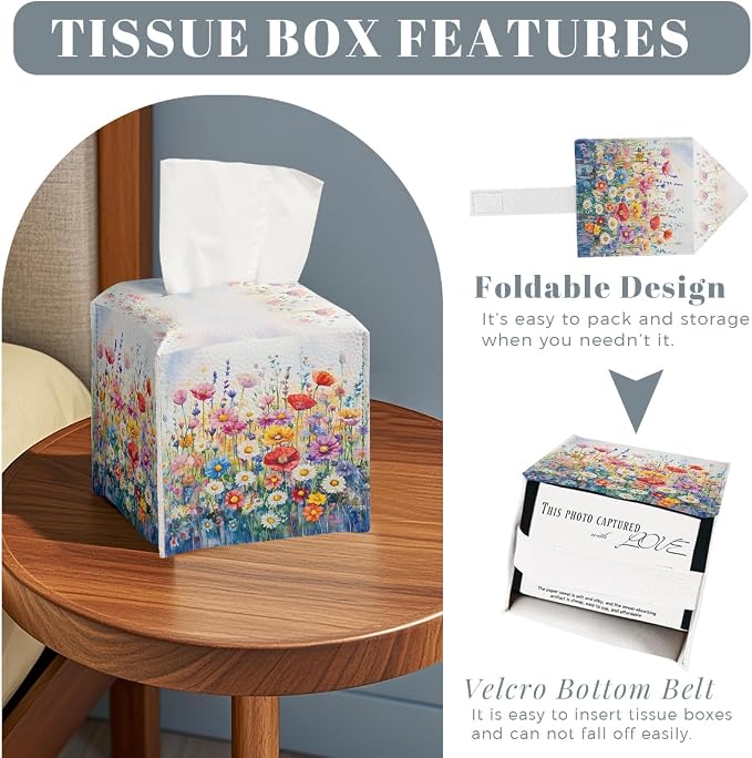 Flower Tissue Box Cover Vibrant Watercolor Bloom Field Dreamy Spring Art Square - Image 2