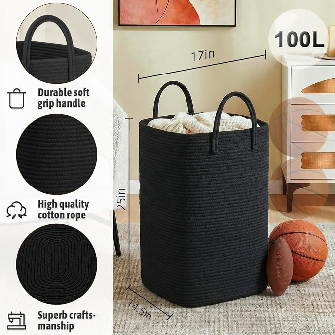 Laundry Basket, Woven Cotton Rope Laundry Hamper, 100L Versatile Storage - Image 2