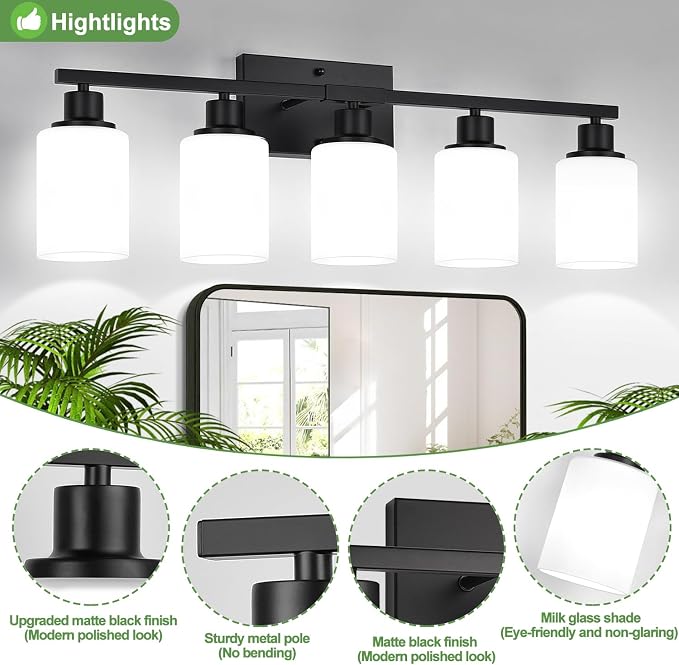 5-Light Black Bathroom Vanity Light Fixture - Image 3