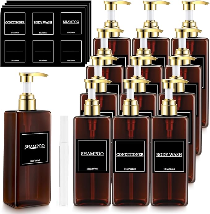 Gejoy 12 Pack Amber Shampoo and Conditioner Dispenser Bottles, 17 Oz/ 500ml by Gejoy