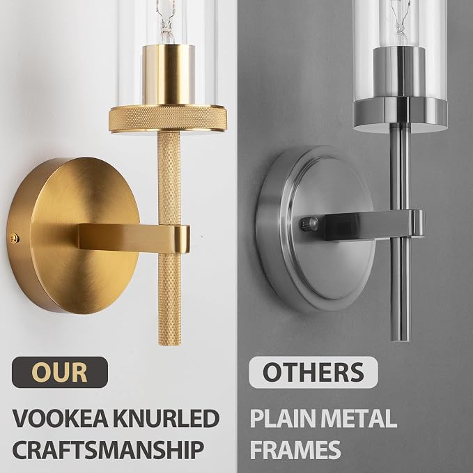 15" Knurled Gold Hardwired Wall Sconces Set of 2, Bathroom Vanity Light Fixtures - Image 2
