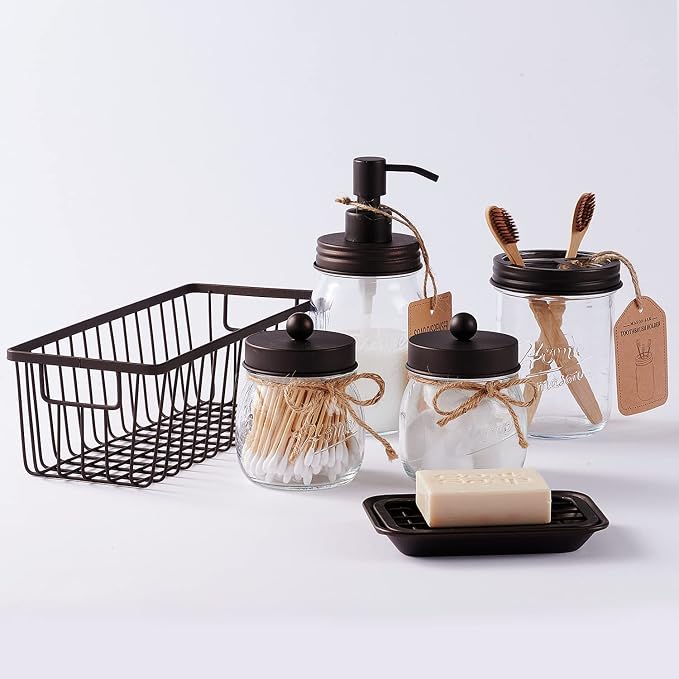 SheeChung 6Pcs Mason Jars Bathroom Accessories Set Complete - Image 2
