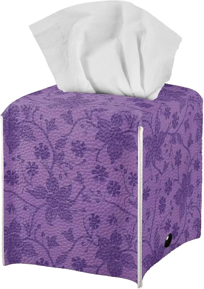 Purple Flowers Tissue Box Case PU Leather Square Modern Asthetic Tissue Box - Image 2
