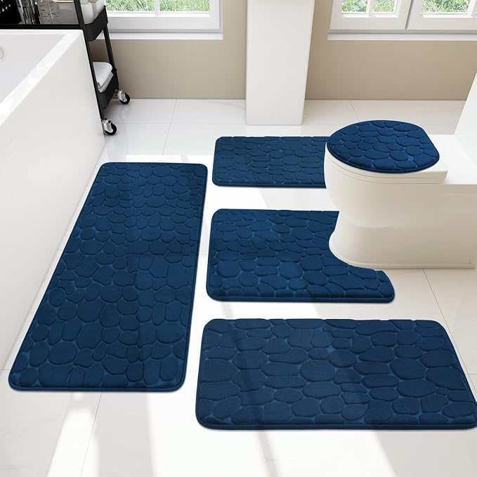 YIHOUSE Bathroom Rugs Mat Set 5 Piece Dark Blue, Memory Foam Bath Mats Sets by YIHOUSE