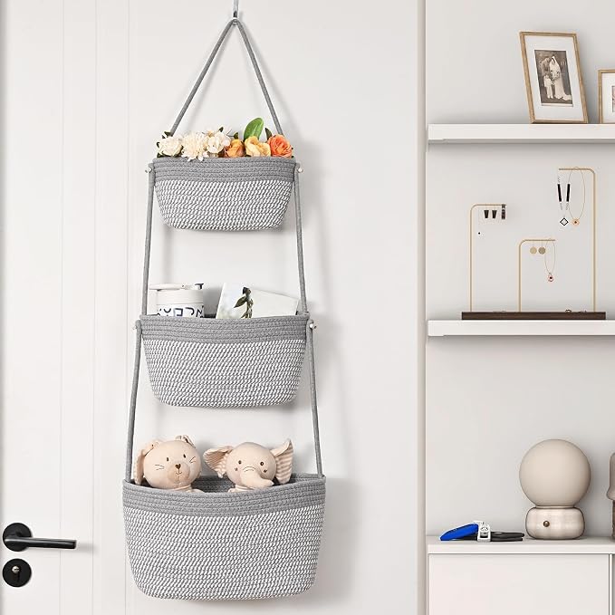 Hanging Storage Baskets, Over the Door Basket, Cotton Wall Baskets Storage - Image 3