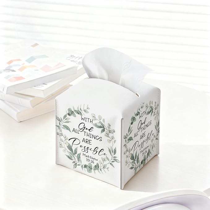 Eucalyptus Bible Verse Tissue Box Cover, PU Leather Drawstring Bottom - Image 4