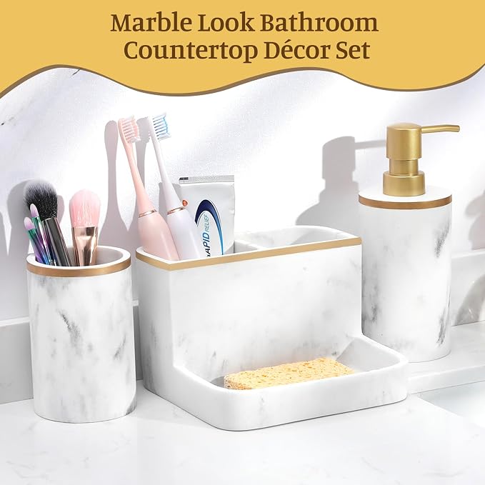 Shinowa Bathroom Accessories Set, Marble Look Toothbrush Holder and Soap - Image 2
