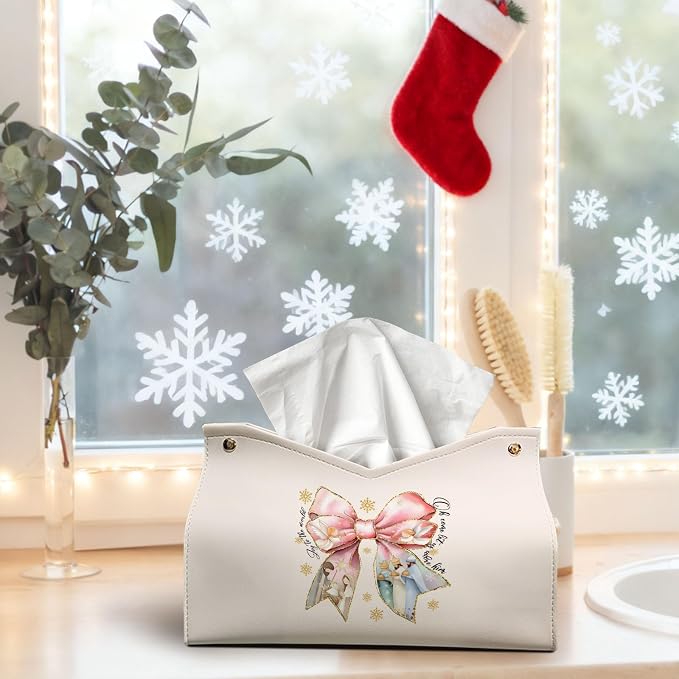 Pink Bows Tissue Box Cover Rectangle, Snowflake Winter Holiday Decor Tissue Box - Image 2