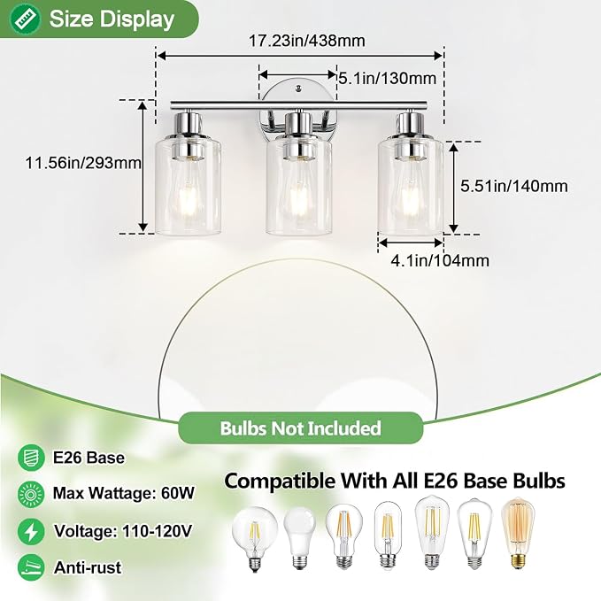 3-Light Bathroom Light Fixtures, Chrome Bathroom Wall Light - Image 8