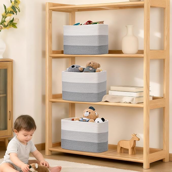 3 Pack Cube Storage Bin, 17”x12”x12” Cotton Rope Woven Baskets - Image 6