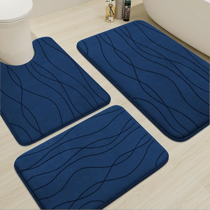 YIHOUSE Memory Foam Blue Bathroom Rug Sets 3 Piece, Ultra Absorbent Bath Mat by YIHOUSE