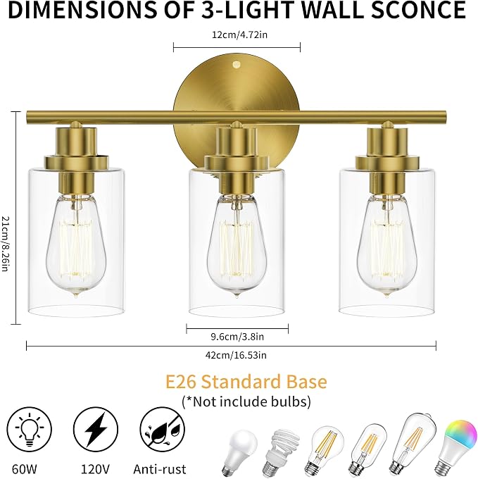 GORDNWE Modern Vanity Light Fixtures, 3 Light Brushed Gold, E26 Bulb Base - Image 3
