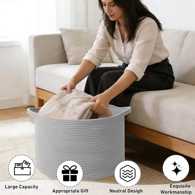 115L Large Blanket Basket, 23.6" L x 23.6" W x 15.7" H Rope Woven Baskets - Image 4