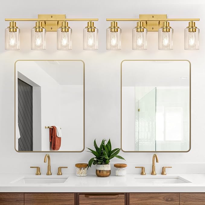 4-Light Vanity Lights with Clear Glass Shades, Brushed Gold Bathroom Light - Image 6