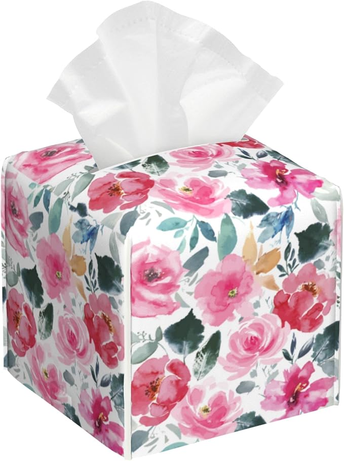 Pink Flowers and Green Leaves Tissue Box Cover Square, Abstract Watercolor by sndheke