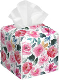 Pink Flowers and Green Leaves Tissue Box Cover Square, Abstract Watercolor by sndheke
