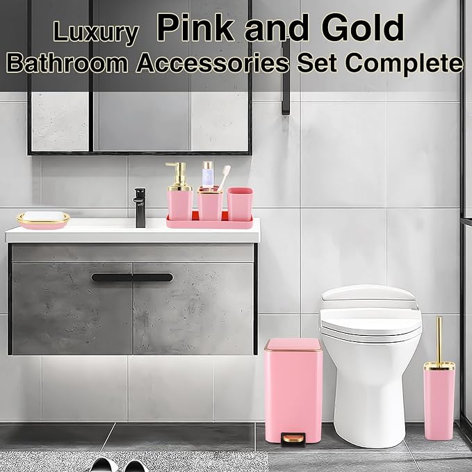 Pink Bathroom Accessories Set 8 Piece Pink and Gold Bathroom Set, Bathroom Sets - Image 5