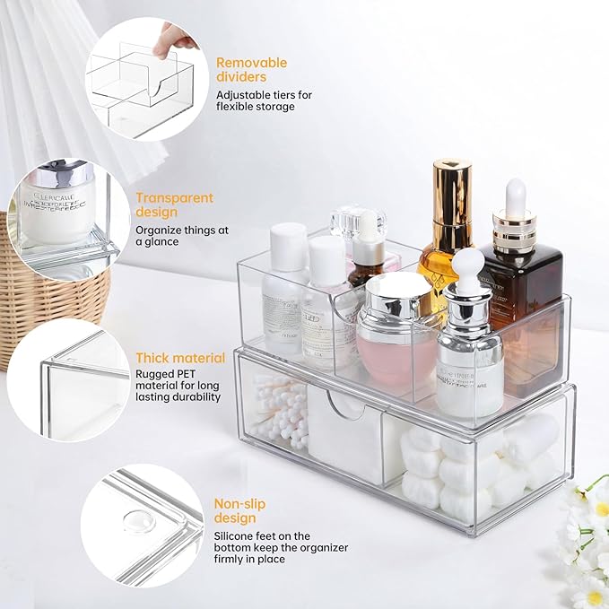Medicine Cabinet Organizer 2 Pack, Stackable Storage Drawers - Image 3