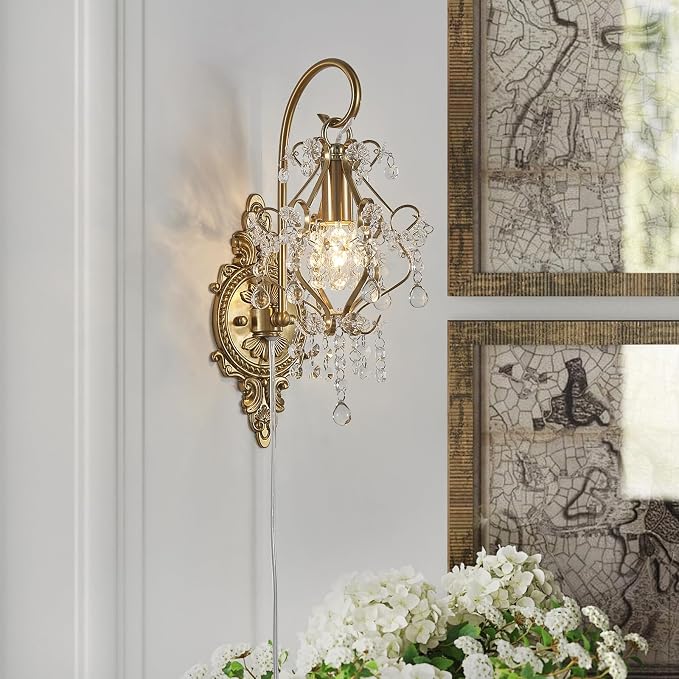 Gold Crystal Vintage Plug in Wall Sconces Set of 2 Indoor Wall Light Fixture - Image 2