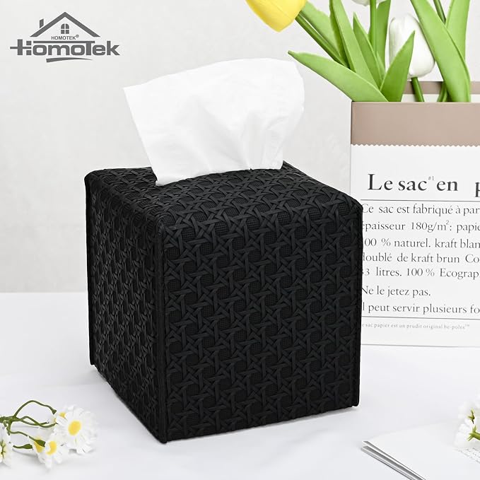 HOMOTEK 2 Pack Tissue Box Cover, Square PU Leather Tissue Holder, Decorative - Image 4