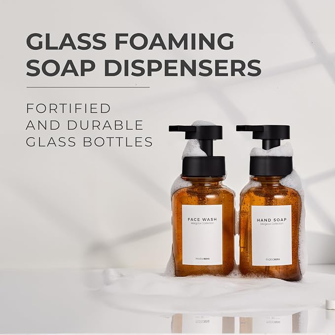 MaisoNovo Glass Foaming Soap Dispenser 14 Oz | Amber Glass Black Pumps x 2 - Image 2
