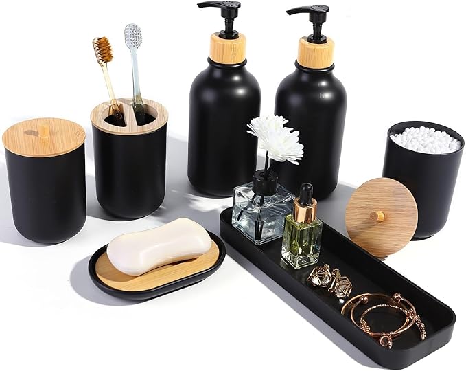 Matte Black Bathroom Accessories Set 7 Pcs, Bamboo Bathroom Accessories Sets by Unknown