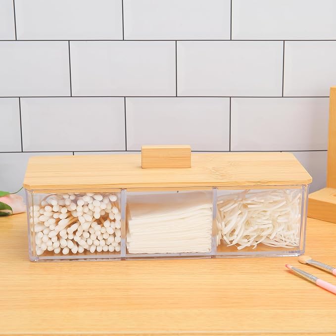Wood Qtip Holder 3 Compartments Cotton Ball and Swab Holder Organizer - Image 2