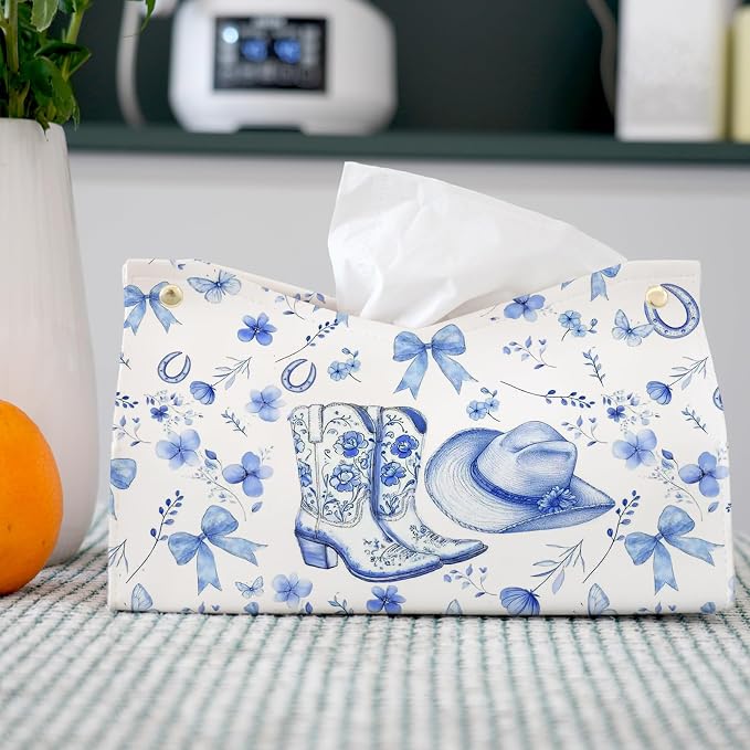 Blue Western Cowgirl Tissue Box Cover Rectangle, Leather Decorative Facial - Image 2