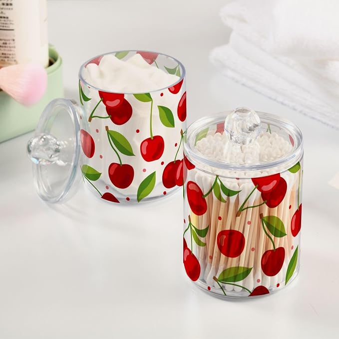 2 Pack Qtip Holder Dispenser for Cotton Ball Cherry Fruits Cotton Swab Round - Image 2