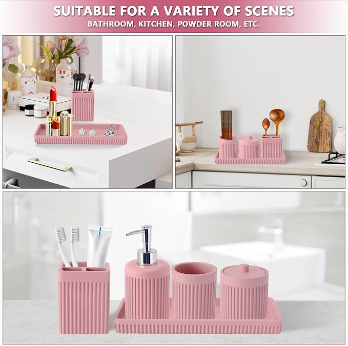 Resin Pink Bathroom Accessories Set 5 Pcs, Lotion Soap Dispenser, Toothbrush - Image 6