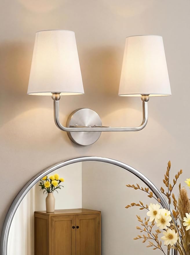 2-Light Bathroom Light Fixtures, Brushed Nickel Vanity Lights, Double Wall - Image 5
