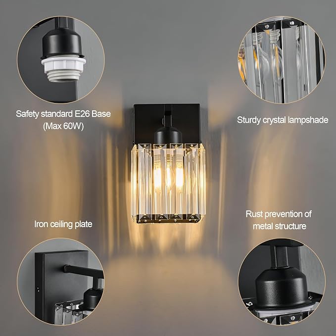 Modern Wall Sconce Set of Two Indoor Wall Lamp Black Wall Sconces Crystal Wall - Image 6