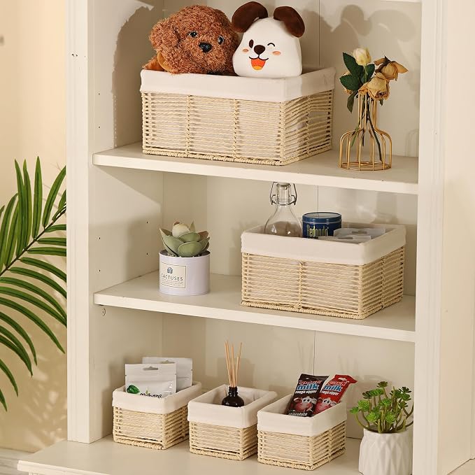 Vagusicc Wicker Storage Basket, Hand-Woven Paper Rope Basket, Rectangular Small - Image 5