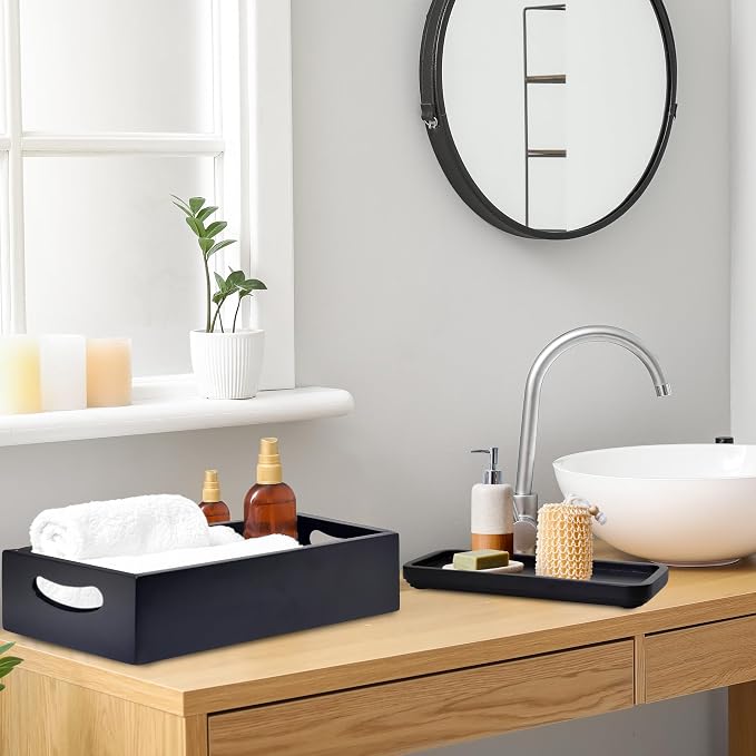 Toilet Tank Tray for Modern Black Bathroom Decor Set of 2 Acacia Toilet Tank - Image 8