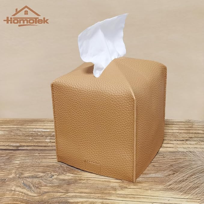 HOMOTEK 2 Pack Tissue Box Cover, Square PU Leather Tissue Holder, Decorative - Image 6