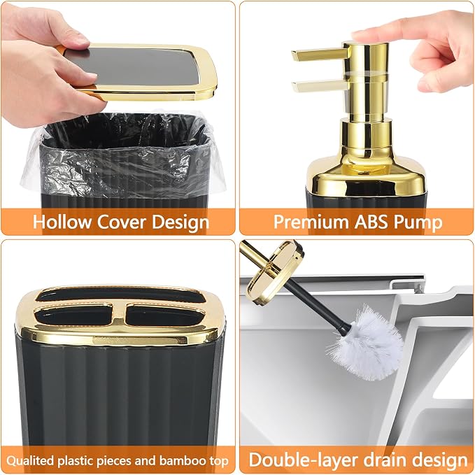 Black Bathroom Set, Trash Can, Toothbrush Holder, Soap Dispensers, Toothbrush - Image 8