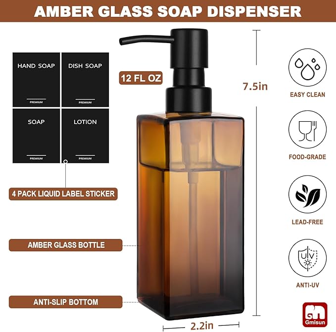 GMISUN Amber Glass Soap Dispenser, Hand Soap Dispenser - Image 2