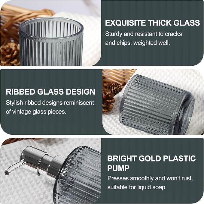 Gray Glass Bathroom Accessories 4 Pcs, Soap Dispenser and Toothbrush Holder Set - Image 4