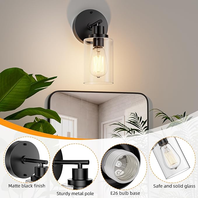 GORDNWE Set of 2 Bathroom Wall Sconce, Matte Black Vanity Light, Modern Wall - Image 4